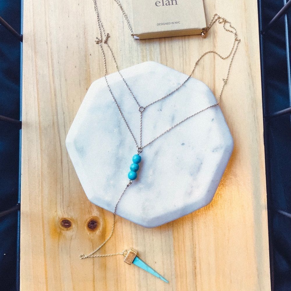 Lariat Layer Necklace Gold Turquoise Blue Stone NWT Jewelry Boho Summer Chain